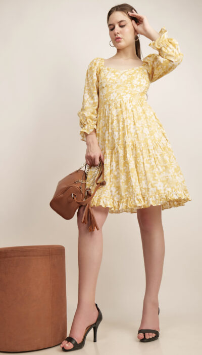 Women Yellow Cotton Printed Dress