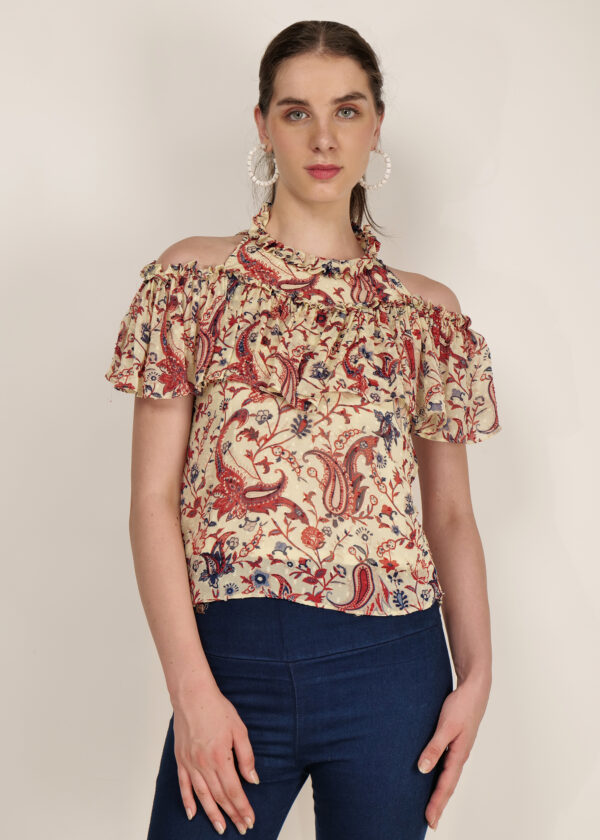 Chiffon Printed Cold Shoulder Top_Audrape_6