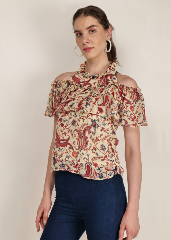 Chiffon Printed Cold Shoulder Top_Audrape_5