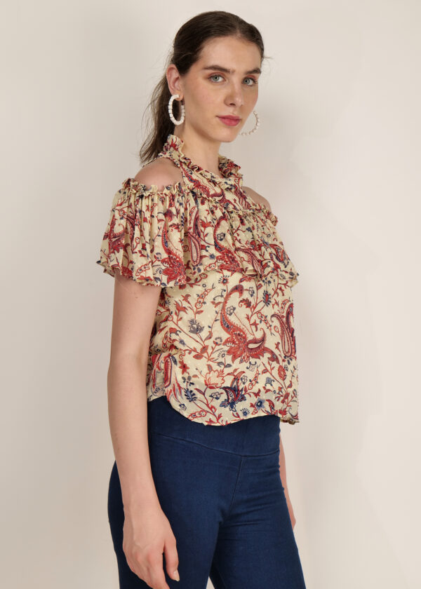 Chiffon Printed Cold Shoulder Top_Audrape_4