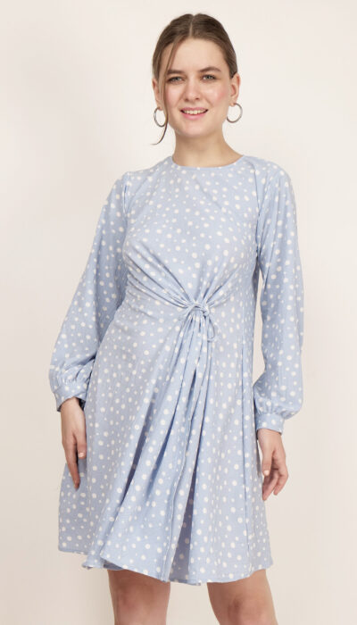 BLUE POLKA DOT TIE-UP DRESS